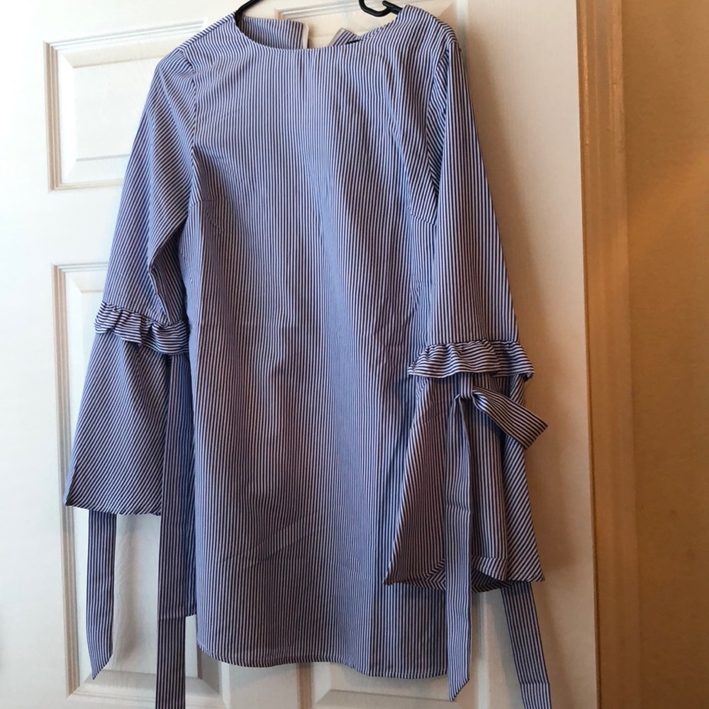 Blue and white stripe dress. Ties on the sleeves